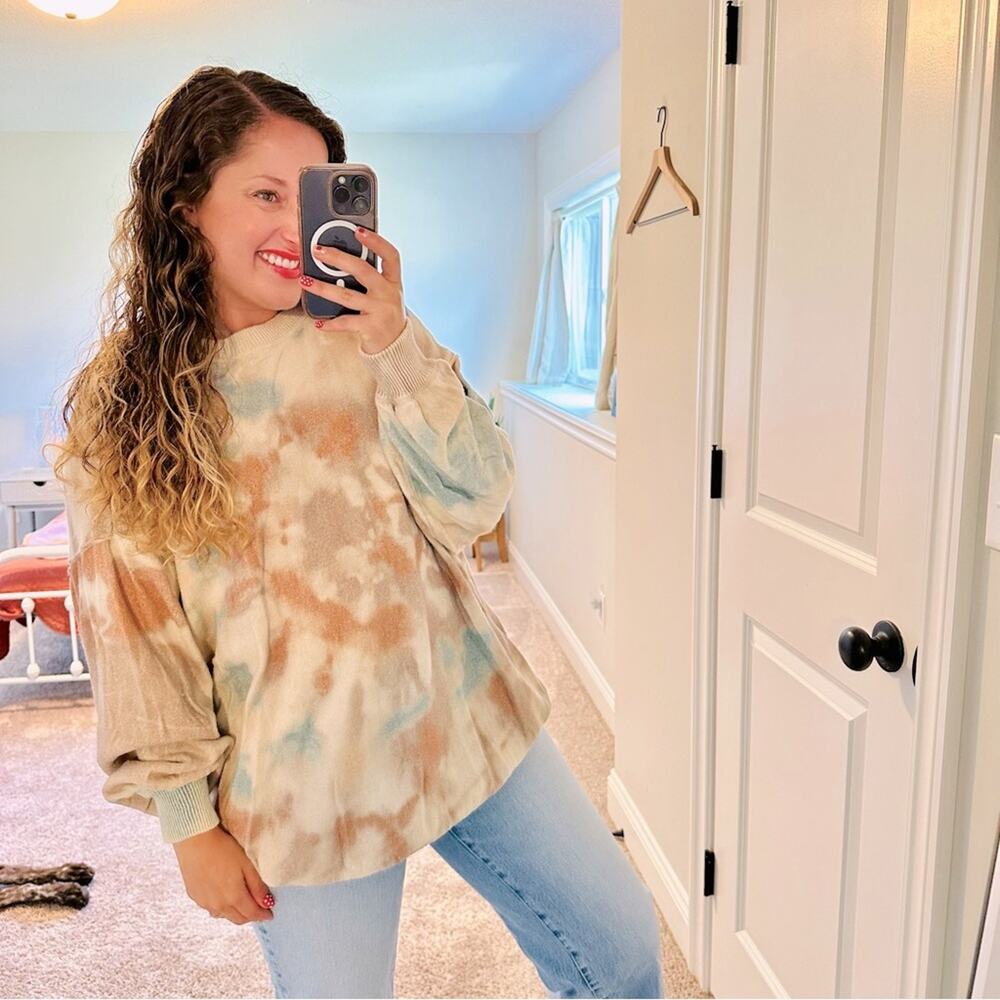 Free People Cotton Cream Tan Blue Tie Dye Sweater Oversized Small